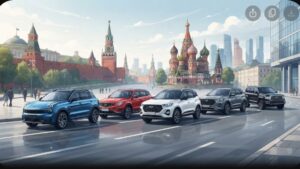 Современные китайские кроссоверы на фоне городского пейзажа Москвы для статьи о лучших моделях 2026 года